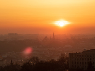Stunning sunset over the beautiful Ukrainian city of Lviv/Lemberg