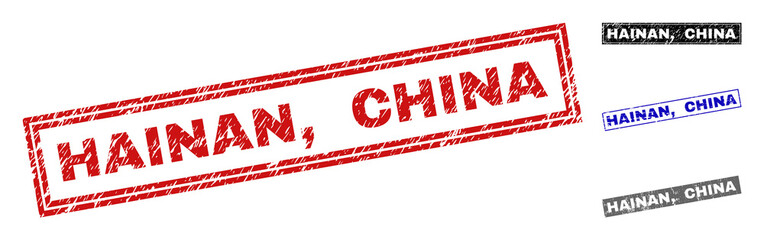 Grunge HAINAN, CHINA rectangle stamp seals isolated on a white background. Rectangular seals with grunge texture in red, blue, black and gray colors. Vector rubber imprint of HAINAN,