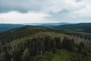 Beautiful aerial view on the mountain landscape at rainy weather in the summer season. Sumava national park, Czech Republic.
