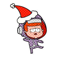 comic book style illustration of a tired astronaut wearing santa hat
