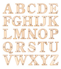 Latin alphabet made of wood with nails, isolated on white background (part 1. Letters)
