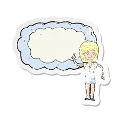 retro distressed sticker of a cartoon woman with text space cloud