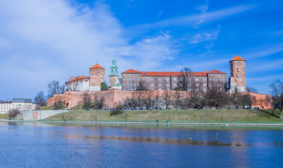 Obraz premium POLAND, KRAKOW - FEBRUARY 23, 2019: Wawel, Royal Castle and cathedral in Cracow (Krakow), Poland. Panorama view from inside of the castle.