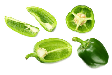green sweet bell pepper with slices isolated on white background top view