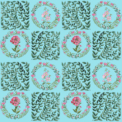 Seamless floral pattern with flowers and wreathes.