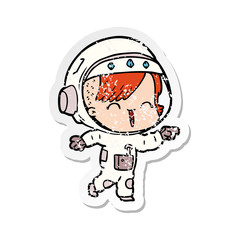 distressed sticker of a happy cartoon space girl