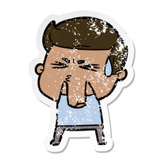 distressed sticker of a cartoon man sweating