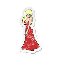 retro distressed sticker of a cartoon pretty woman in dress