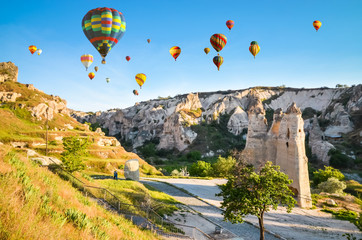 Beautiful rocks and hot air balloons in Goreme national park, Cappadocia, Turkey