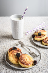 Homemade curd fritters with berries and a cup of milk on a gray background. Healthy and diet breakfast