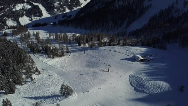 Aerial view of the Flachau Ski Resort in Austria on sunny winter day.