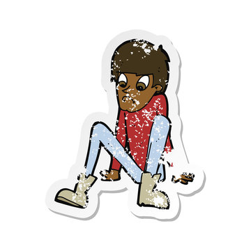 recommend clip art: retro distressed sticker of a cartoon boy sitting on floor