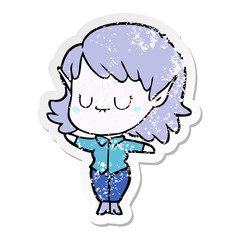 distressed sticker of a happy cartoon elf girl