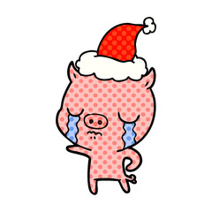 comic book style illustration of a pig crying wearing santa hat