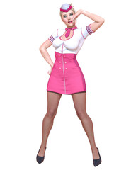 Beautiful woman Stewardess.Air hostess flight girl.Short white and pink dress, black stocking.Conceptual fashion art.Green eyes.Seductive candid pose.Realistic 3D render illustration.Isolate, high key