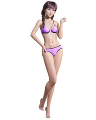 3D beautiful summer beach woman swimsuit bikini.Summer rest.Conceptual fashion art.Seductive candid pose.Realistic render illustration.Isolate