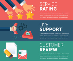 Business customer care service concept. Service rating, live support, customer review business banners for websites and mobile applications. Flat vector illustration