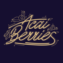 Concept berries acai vector line. hand drawing, funny doodles on a dark background with lettering.