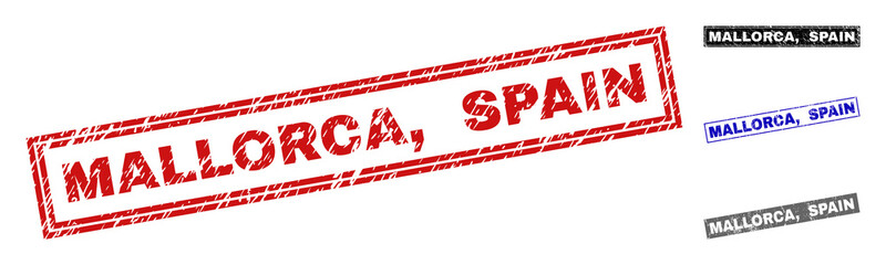 Grunge MALLORCA, SPAIN rectangle stamp seals isolated on a white background. Rectangular seals with grunge texture in red, blue, black and gray colors. Vector rubber overlay of MALLORCA,