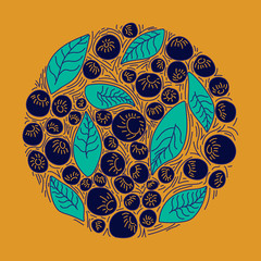 Circle concept berries acai vector line. hand drawing, funny doodles on a yellow background.