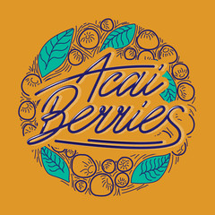 Circle concept berries acai vector line. hand drawing, funny doodles on a yellow background with lettering.