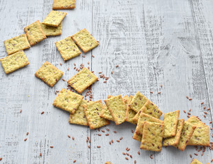 italian bread snack over wooden background, top view