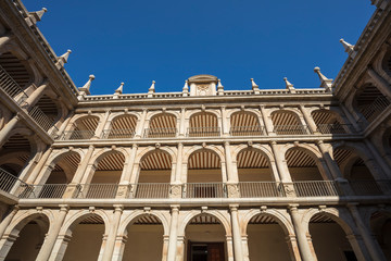 Facade of the famous and ancient university of Alcala de Henares, Madrid, Spain.