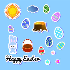 Set of Easter greeting stickers with bunny, flowers, eggs, cloud, sun, stump and basket. Clip-art scrapbooking elements, labels, badges with cute rabbit. Vector illustration isolated gift tags
