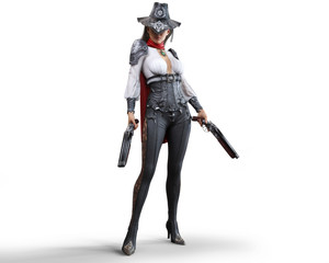 Obraz premium Portrait of a mysterious steampunk woman gunslinger holding two shotguns on an isolated white background. 3d rendering