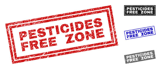 Grunge PESTICIDES FREE ZONE rectangle stamp seals isolated on a white background. Rectangular seals with grunge texture in red, blue, black and gray colors.