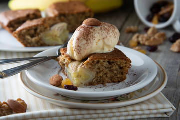 Homemade pie ,cake and ice cream. Banana cake or pie. Dessert or breakfast. Sweet food ideas. Tempalte for food bolg.