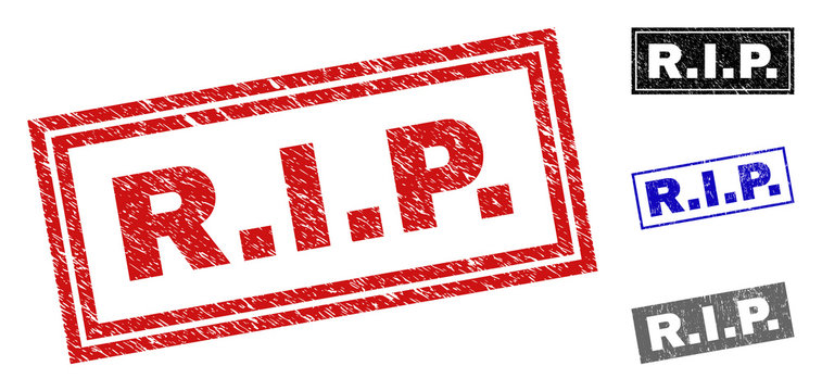 Grunge R.I.P. rectangle stamp seals isolated on a white background. Rectangular seals with grunge texture in red, blue, black and gray colors. Vector rubber imitation of R.I.P.