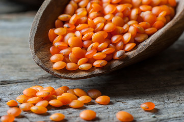Red lentils in wooden shovel on wooden background. Uncooked red lentil legumes, herbaceous plant (Lens culinaris)