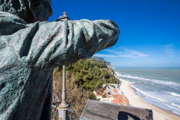 Statue of fisherman and Mount Conero - Numana Sirolo Ancona Marche Italy
