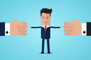 Stop conflict. Businessman referee finds compromise. Mediator solving competition. Conflict and solution. The man throws two fists. Man stop conflict or stop fighting. Vector illustration