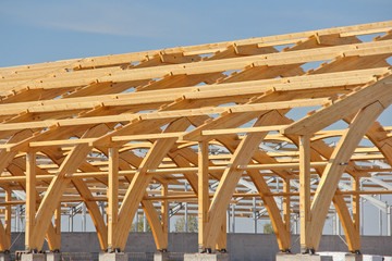 Construction of laminated veneer lumber. Construction of a new building with the reception of new technologies. The use of laminated wood saves resources.