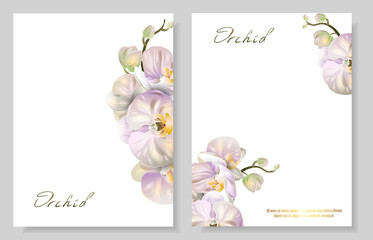 Set of Vector banners with Luxurious orchid flowers. Template for greeting cards, wedding decorations, invitation, sales, packaging. Spring or summer design. Place for text.