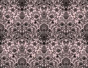 Seamless pink lace background with plack lace floral pattern