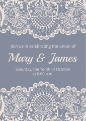 Wedding invitation template with beige lace border on gray background