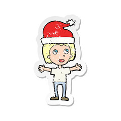 retro distressed sticker of a cartoon boy in christmas hat