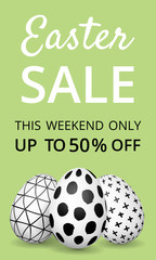 Easter sale banner. Hand drawn Easter eggs with black and white ink pattern on green background