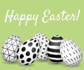 Happy Easter greeting card. Hand drawn Easter eggs with black and white ink pattern on green background