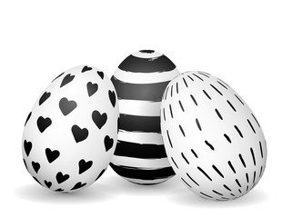 Easter eggs isolated on white. Hand drawn black and white ink pattern