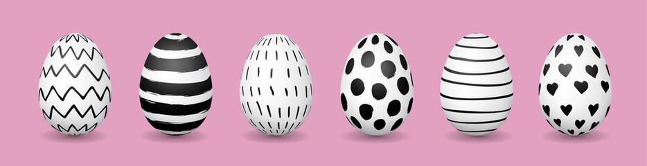 Easter eggs in row on pink background. Hand drawn black and white ink pattern. Horizontal web banner