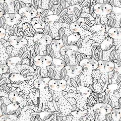 Funny rabbits black and white seamless pattern. Great for coloring page, prints, backgrounds, textile and fabric. Vector illustration