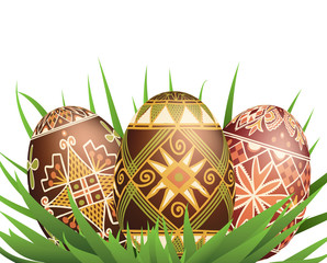 Pysanky easter eggs in grass isolated on white. Traditional ukrainian easter eggs.
