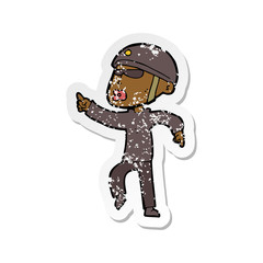 retro distressed sticker of a cartoon man in bike helmet pointing