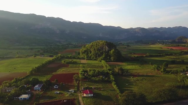 Aerial rotation over tobacco fields in Vinales, Cuba