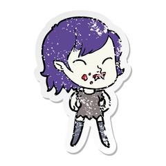 distressed sticker of a cartoon vampire girl with blood on cheek