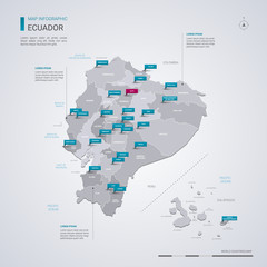 Ecuador vector map with infographic elements, pointer marks.